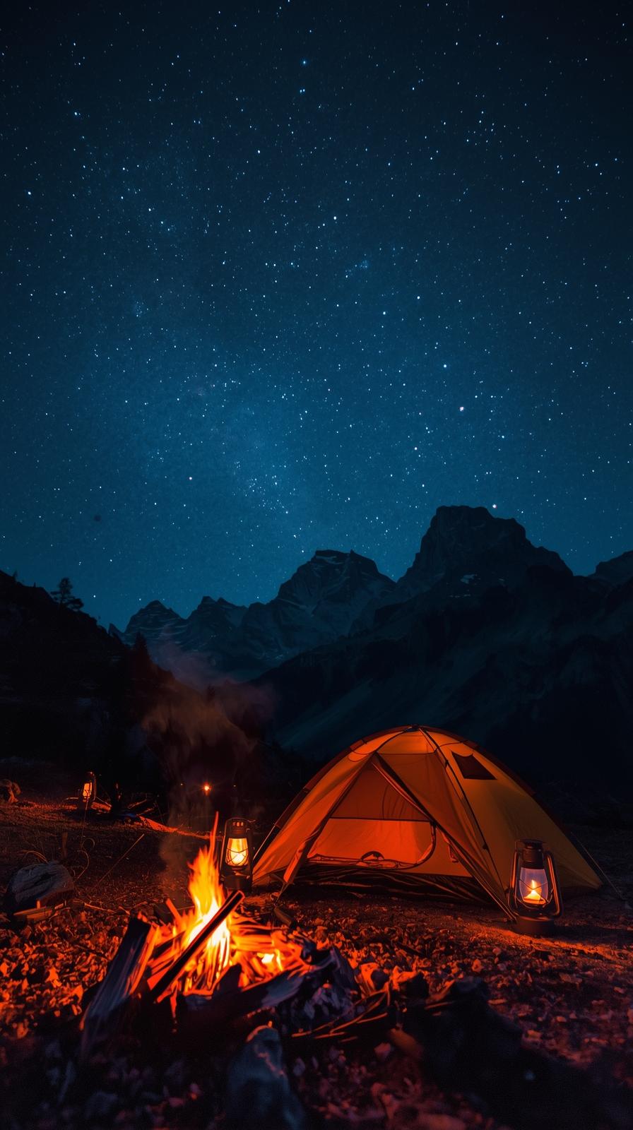 A serene camping scene in the mountains, with a tent set up near a crackling campfire under a starlit sky, illuminated by the soft glow of lanterns. and size should be less than 300mb Extreme Sports Bike